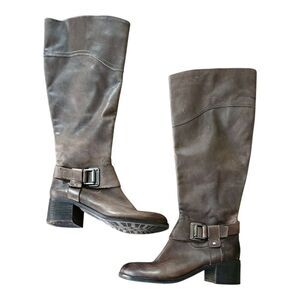 Vince Camuto Brown Riding Boots Womens 9M Leather Distressed Buckled Zip Up
